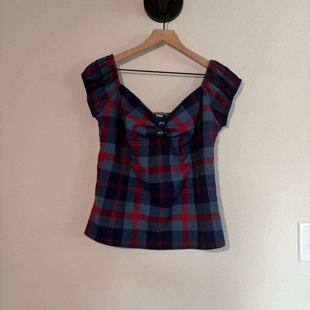 Collectif Vintage Top Dolores XL Plaid Tartan Blue Red Rockabilly Retro Blouse